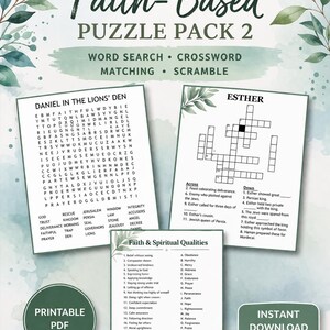 Può includere: Un pacchetto di puzzle PDF stampabile con giochi di ricerca di parole, cruciverba, abbinamenti e scramble. Il pacchetto include puzzle basati sulla fede, con temi come Daniele nella fossa dei leoni ed Ester. Il design è verde e bianco.