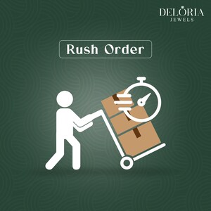 Peut inclure: Une icône graphique blanche sur fond vert foncé représentant une silhouette stylisée poussant un diable chargé de deux cartons marron. Une icône de chronomètre blanc avec des lignes de mouvement est superposée. Texte Deloria Jewels et Rush Order.