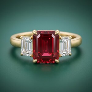 May include: A gold ring featuring a large emerald-cut red ruby center stone flanked by two smaller emerald-cut clear white diamonds. The setting is polished yellow gold with four prongs securing each gemstone. The text Deloria Jewels is visible.