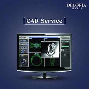 May include: A computer monitor displaying CAD software with a 3D wireframe model of a ring and a rendered image of a diamond ring. The screen shows the text CAD Service and the logo Deloria Jewels in the top right corner on a dark blue background.