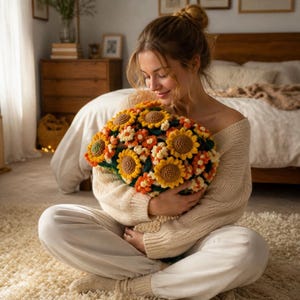 May include: A handmade crochet bouquet featuring a cluster of yellow and brown sunflowers mixed with smaller orange and white flowers, all crafted with textured yarn. The floral arrangement is held together in a dense, rounded, and colourful bunch.