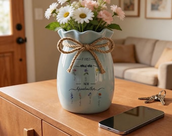 Personalized Birth Flower Vase, Grandkids Names Ceramic Keepsake, Mother's Day Gift