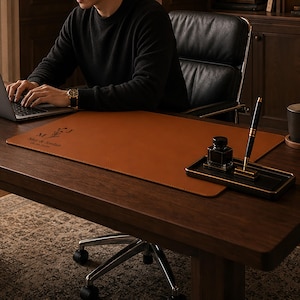 May include: A rectangular tan leather desk mat featuring a personalised engraving with the initials M & J, the names May & Jordan, and the date 08.08.2026. The mat is placed on a dark wooden desk next to a black tray holding an inkwell and a fountain pen.