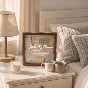 Puede incluir: Un marco de caja de sombra cuadrado de madera que contiene una colección de boletos de estilo vintage. El frente de vidrio presenta texto impreso en blanco que dice Jack & Annie, un icono de corazón, The trips we have taken together y la fecha 08.08.2026.