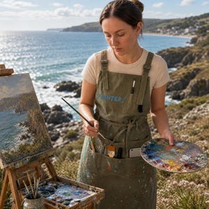 May include: An olive green canvas apron featuring the word PAINTER embroidered in blue thread on the chest pocket. The apron includes multiple utility pockets containing a paintbrush and a smartphone, with adjustable shoulder straps and waist ties.