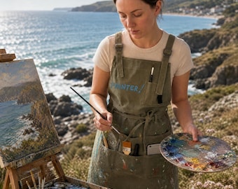 Aangepaste schilderijschort, gepersonaliseerd gewaxt canvas kunstenaar schort, geborduurde naam studio winkelschort, waterdicht cadeau voor schilder