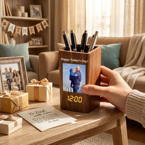 May include: A rectangular wooden desk organiser with a digital clock display showing 12:00, featuring a photo of a person holding a child and the text Happy Father's Day! The organiser holds four pens and is positioned on a wooden table.