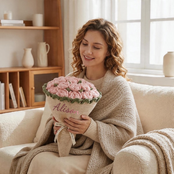 Custom Crochet Rose Bouquet Blanket,  Teacher's Day Gift for Mr. Ms. Mrs,Personalized Name Throw for Her, Retirement Preserved Flower Gifts