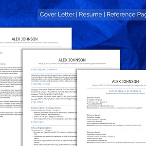 May include: A set of three white documents titled Cover Letter, Resume, and Reference Page, each featuring the name Alex Johnson at the top. The documents contain professional contact information, summaries, technical skills, and work experience.