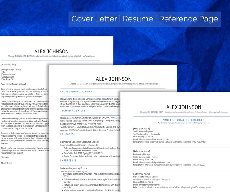 May include: A set of three white documents titled Cover Letter, Resume, and Reference Page, each featuring the name Alex Johnson at the top. The documents contain professional contact information, summaries, technical skills, and work experience.
