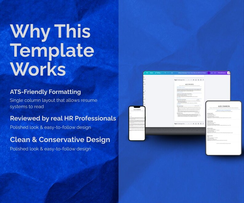 May include: A digital resume template display featuring the text Why This Template Works, ATS-Friendly Formatting, Reviewed by real HR Professionals, and Clean & Conservative Design. A laptop, smartphone, and tablet show a resume document.