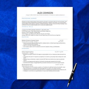 May include: A white resume document for Alex Johnson featuring sections for professional summary, technical skills, education, and experience, with a black and silver fountain pen resting on the bottom right corner of the paper.