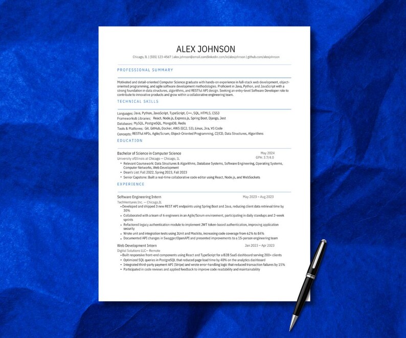 May include: A white resume document for Alex Johnson featuring sections for professional summary, technical skills, education, and experience, with a black and silver fountain pen resting on the bottom right corner of the paper.