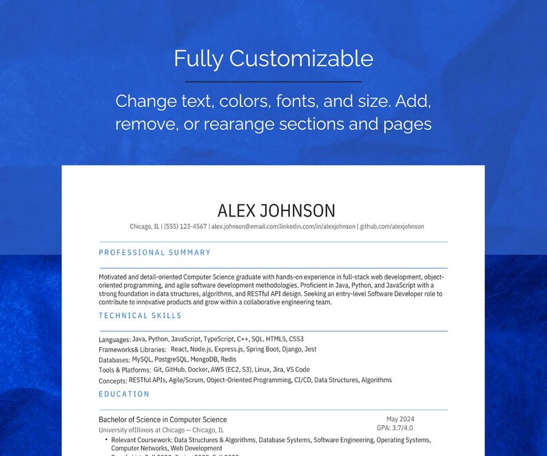 May include: A white resume template with black text on a blue background. The text reads Fully Customizable, Change text, colors, fonts, and size. Add, remove, or rearrange sections and pages. The resume includes sections for summary, skills, and education.