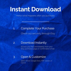 May include: A blue textured background with white text that reads: Instant Download, Here's what happens after you purchase, 1. Complete Your Purchase, Check out securely through Etsy, 2. Download Instantly, Access your files immediately from your Etsy purchases page or confirmation email, 3. Open & Customize, Edit in Word, Google Docs, PDF viewer, or Canva.