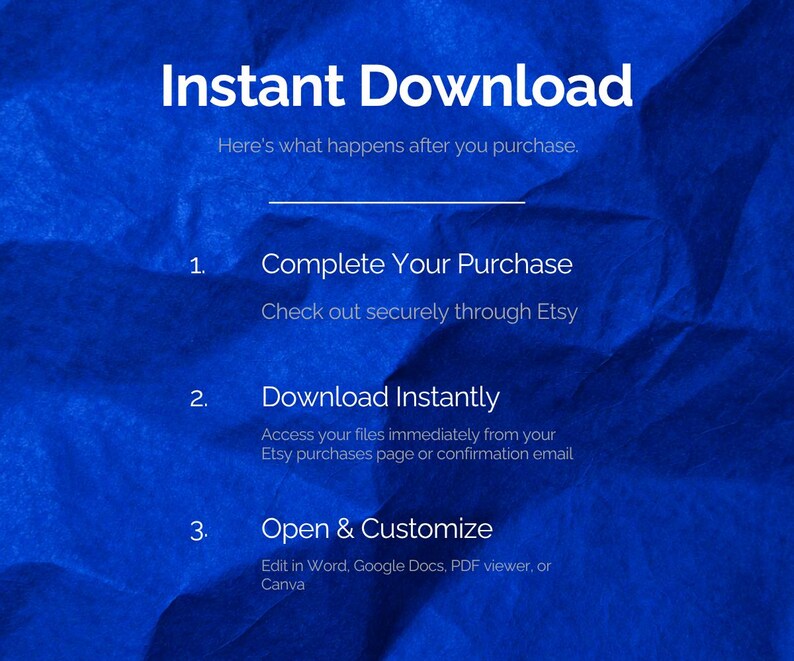 May include: A blue textured background with white text that reads: Instant Download, Here's what happens after you purchase, 1. Complete Your Purchase, Check out securely through Etsy, 2. Download Instantly, Access your files immediately from your Etsy purchases page or confirmation email, 3. Open & Customize, Edit in Word, Google Docs, PDF viewer, or Canva.