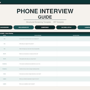 May include: A teal and white Phone Interview Guide with the text "PHONE INTERVIEW GUIDE" at the top. The guide includes sections for Intro & Background, Role-Specific Fit, Competency, Culture & Style, and Logistics. The words "INSTANT DOWNLOAD" are in the top right corner.