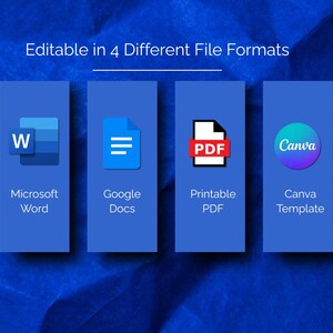 May include: A blue graphic display featuring the text Editable in 4 Different File Formats above four vertical blue panels. Each panel shows an icon and label for Microsoft Word, Google Docs, Printable PDF, and a Canva Template respectively.