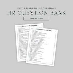 Puede incluir: Dos hojas de papel blancas con el texto "Job Interview Question Bank" y una lista de preguntas. La parte superior de la imagen dice "EASY & READY TO USE QUESTIONS" y "HR QUESTION BANK" con "50 QUESTIONS" debajo.