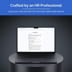 May include: A dark gray laptop displaying a resume document on its screen. The top blue banner features white text that reads: Crafted by an HR Professional. Below this, smaller white text states: Land your next job with this recruiter-approved resume.