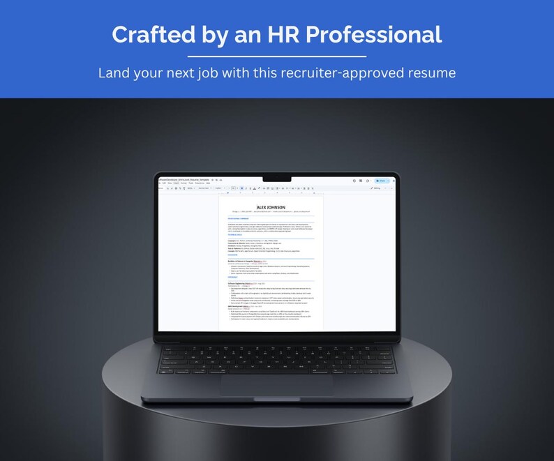 May include: A dark gray laptop displaying a resume document on its screen. The top blue banner features white text that reads: Crafted by an HR Professional. Below this, smaller white text states: Land your next job with this recruiter-approved resume.
