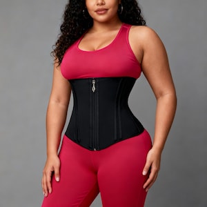 Könnte beinhalten: Ein schwarzer Taillentrainer mit Reißverschluss wird über einem roten Sport-BH und roten Leggings getragen. Der Taillentrainer ist so konzipiert, dass er die Taille zusammenzieht und Halt bietet. Das Outfit wird von einer Person mit dunklem, lockigem Haar getragen.