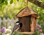 Handmade Rustic Wood Birdhouse, Natural Bark Moss Garden Decor, Cottagecore Backyard Shelter