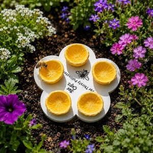 May include: A white, flower-shaped bee water station with five yellow cups. The cups are surrounded by colorful flowers and greenery. The text "Bee Cups for Thirsty Pollinators" is printed on the station, along with a bee graphic.