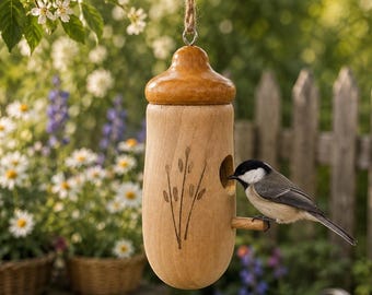 Mangiatoia per uccelli in legno da appendere, ideale per uccelli di piccola taglia, decorazione rustica da giardino, regalo perfetto per gli amanti della natura.