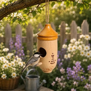 May include: A wooden birdhouse with a light brown finish, hanging from a tree branch. The birdhouse has a round entry hole and a decorative floral design. A small bird perches on the birdhouse. The background features a garden with flowers and a wooden fence.