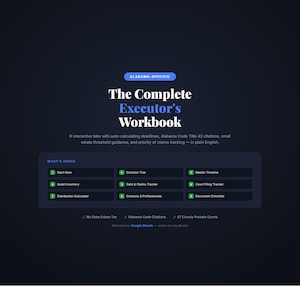 May include: A dark blue digital workbook titled "The Complete Executor's Workbook" with a list of interactive tabs. The workbook is Alabama-specific and includes features like auto-calculating deadlines and claims tracking.