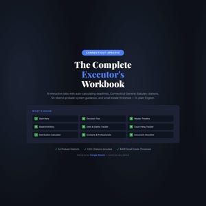 May include: A digital workbook titled "The Complete Executor's Workbook" with a dark blue background. The workbook includes interactive tabs, Connecticut General Statutes citations, and probate system guidance. The workbook is designed for use on any device.