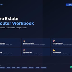 May include: Dark blue digital workbook titled "Idaho Estate Executor Workbook" with white and blue text. Features include probate checklist, community property tracking, and estate auto-routes. Includes a Google Sheets button.
