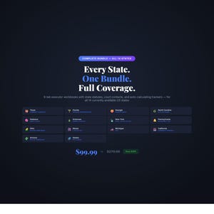 Puede incluir: Un gráfico azul oscuro con el texto "COMPLETE BUNDLE - ALL 14 STATES". El texto "Every State. One Bundle. Full Coverage." se muestra en blanco. Debajo hay iconos de estado y el precio.