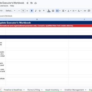 May include: Screenshot of a spreadsheet titled "Settling an Estate in New York: The Complete Executor's Workbook." The document includes a legal disclaimer and informational text. The top banner is red and the text is in black.