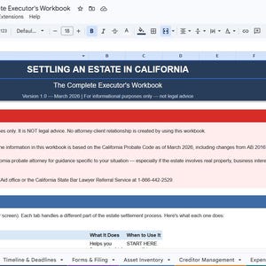 California Estate Executor Spreadsheet, Probate Checklist Google Sheets, After Death Settlement Planner Template