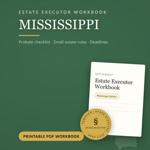 May include: A green digital graphic for an Estate Executor Workbook for Mississippi. The text reads Estate Executor Workbook, Mississippi, Probate checklist, Small-estate rules, Deadlines, and Printable PDF Workbook. A gold seal displays State Statutes.