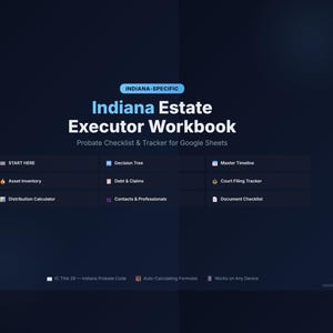 May include: A dark blue digital workbook titled "Indiana Estate Executor Workbook" with white text. The workbook includes sections for probate checklists, asset inventory, and court filing tracking. The text "Indiana-Specific" is at the top.