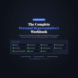 May include: A dark blue graphic with white and blue text. The text reads "The Complete Personal Representative's Workbook" and lists features like attorney fee calculators and Florida Statutes citations. Includes a section titled "What's Inside" with numbered tabs.