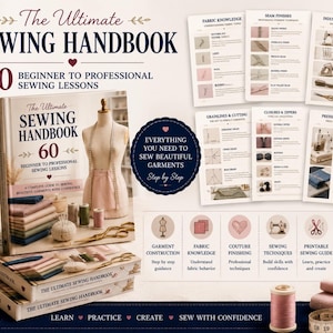 May include: The Ultimate Sewing Handbook, a guide with 60 beginner to professional sewing lessons. The image shows a stack of books, sewing tools, and fabric samples. Includes a mannequin, spools of thread, and a measuring tape.