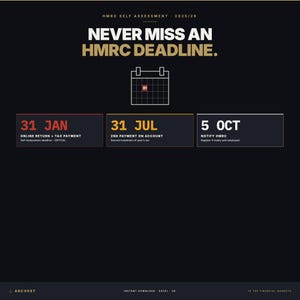 May include: A dark graphic with the text "HMRC SELF ASSESSMENT 2025/26" and "NEVER MISS AN HMRC DEADLINE." It includes a calendar graphic and key dates: January 31, July 31, and October 5, with related text. The bottom has the Arcvest logo.