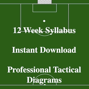 Puede incluir: Un fondo verde con texto blanco y un gráfico de campo de fútbol. El texto dice "12-Week Syllabus", "Instant Download" y "Professional Tactical Diagrams". La imagen está diseñada para el entrenamiento deportivo.