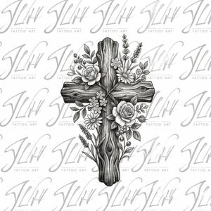 Floral Wood Cross Tattoo Design | AI-Generated Stencil & Shaded Reference | Digital Download for Tattoo Artists