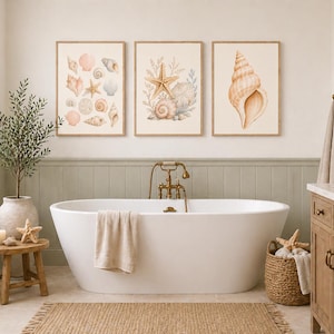 May include: Three framed watercolor prints of seashells and starfish hang above a white bathtub. The artwork features various shells in shades of peach, beige, and blue. A wooden stool with a starfish and a plant in a vase are in the foreground.