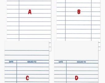 May include: Four library card templates with blue lines and text fields for author, title, and borrower information. The cards are labeled A, B, C, and D. The text "FRONT SIDES" and "MYGRAFTSUPPLIES" are also visible.
