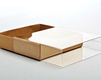 25 Kraft Paper Box Bases with Clear Sleeves, A2 Size,  4 1/2" x 1" x 6" for Photos, Greeting Cards, Invitations, Etc