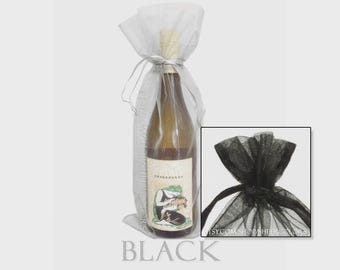 May include: A wine bottle encased in a sheer, light gray organza drawstring gift bag. A smaller inset image shows a close-up of a black organza drawstring bag. The text "BLACK" is printed in large gray capital letters at the bottom.