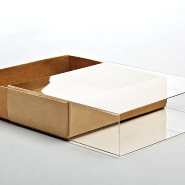 5 Kraft Paper Box Bases with Clear Sleeves, A7 Size 5 3/8" x 1" x 7 1/2" for Photos, Greeting Cards, Invitations, etc