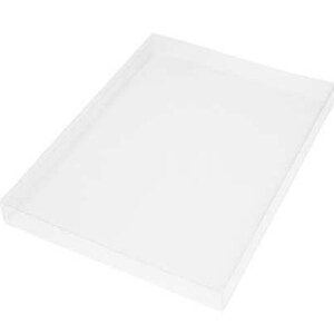 K&ouml;nnte beinhalten: Eine transparente, rechteckige Kunststoffbox mit geringer Tiefe. Die Box ist transparent und erm&ouml;glicht volle Sichtbarkeit des Inhalts. Die Kanten sind durch d&uuml;nne, gerade Linien definiert, was eine saubere, minimalistische &Auml;sthetik erzeugt.