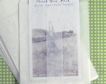 May include: A stack of white translucent envelopes with a printed card inside. The card features a landscape image and the text "Thank You Much, from Southern Dutch". The background is a light green dotted pattern.